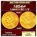 1854-p Gold Liberty Quarter Eagle $2 1/2 ms63 USCG