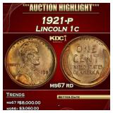 1921-p Lincoln Cent 1c ms67 rd SEGS