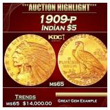 1909-p Gold Indian Half Eagle $5 ms65 USCG
