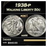 1938-p Walking Liberty Half Dollar 50c Grades ms66