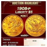 1908-p Gold Liberty Half Eagle $5 ms66+ SEGS