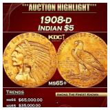 1908-d Gold Indian Half Eagle $5 ms65+ USCG