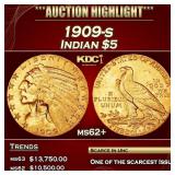 1909-s Gold Indian Half Eagle $5 ms62+ USCG