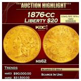 1876-cc Gold Liberty Double Eagle $20 ms62 USCG