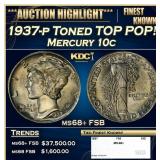 1937-p Mercury Dime Toned TOP POP! 10c ms68+ FSB S