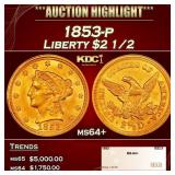 1853-p Gold Liberty Quarter Eagle $2 1/2 ms64+ SEG