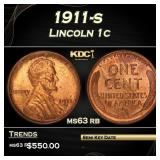 1911-s Lincoln Cent 1c Grades ms63 rb
