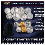 7 Coin Collecting Starter Type Kit. Barber 10c, Wa
