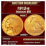 1912-s Gold Indian Half Eagle $5 ms62+ USCG