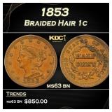 1853 Braided Hair Large Cent 1c Grades ms63 bn