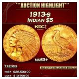 1913-s Gold Indian Half Eagle $5 ms63+ USCG