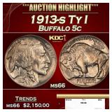 1913-s Ty I Buffalo Nickel 5c ms66 SEGS