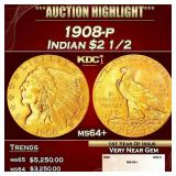 1908-p Gold Indian Quarter Eagle $2 1/2 ms64+ SEGS