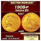 1908-p Gold Indian Half Eagle $5 ms65 USCG