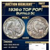 1936-d Buffalo Nickel TOP POP! 5c ms68 SEGS