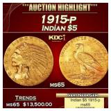 1915-p Gold Indian Half Eagle $5 ms64+ USCG