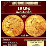 1913-s Gold Indian Half Eagle $5 ms63+ USCG