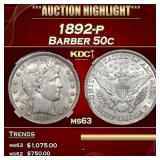 1892-p Barber Half Dollars 50c ms63 PGA