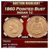 1860 Pointed Bust Indian Cent 1c ms64 PGA