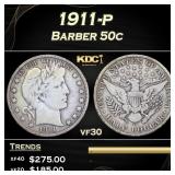 1911-p Barber Half Dollars 50c Grades vf30