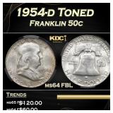 CACG 1954-d Franklin Half Dollar Toned 50c ms64 FB