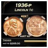 1936-p Lincoln Cent 1c ms67 rd PGA