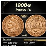 1908-s Indian Cent 1c Grades xf45