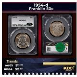 CACG 1954-d Franklin Half Dollar 50c ms64 CACG