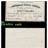 1861 Confederate States of America CSA $40 Note Gr