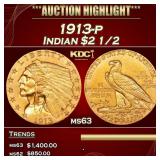 1913-p Gold Indian Quarter Eagle $2 1/2 ms63 SEGS