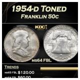 CACG 1954-d Franklin Half Dollar Toned 50c ms64 FB
