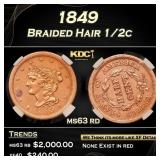 1849 Braided Hair Half Cent 1/2c ms63 rd PGA