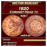 1820 Coronet Head Large Cent 1c ms64 rd SEGS