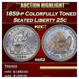 1859-p Seated Liberty Quarter Colorfully Toned 25c