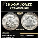 CACG 1954-p Franklin Half Dollar Toned 50c ms65 FB