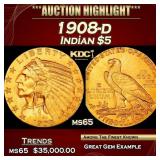1908-d Gold Indian Half Eagle 5 ms65 USCG