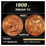 1909 Indian Cent . 1c Grades ms65 rb