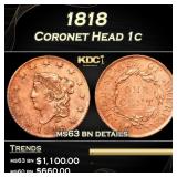 1818 Coronet Head Large Cent 1c ms63 bn details SE