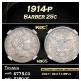 1914-p Barber Quarter 25c ms65 PGA