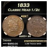 1833 Classic Head half cent 1/2c ms63+ bn PGA