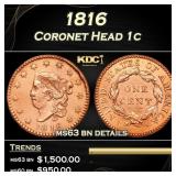1816 Coronet Head Large Cent 1c ms63 bn details SE