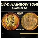 PCGS 1957-d Lincoln Cent Rainbow Toned 1c ms66 rb