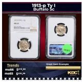 NGC 1913-p Ty I Buffalo Nickel 5c ms65 NGC