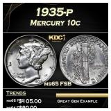 1935-p Mercury Dime 10c Grades ms65 FSB