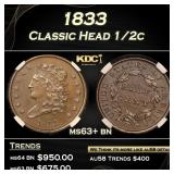 1833 Classic Head half cent 1/2c ms63+ bn PGA