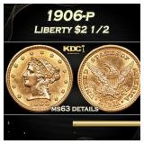1906-p Gold Liberty Quarter Eagle $2 1/2 ms63 deta