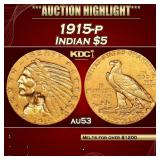 1915-p Gold Indian Half Eagle $5 au53 SEGS