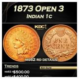 1873 Open 3 Indian Cent 1c ms62 rd details SEGS