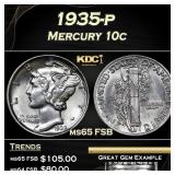 1935-p Mercury Dime 10c Grades ms65 FSB