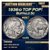 1936-d Buffalo Nickel TOP POP! 5c ms68 SEGS